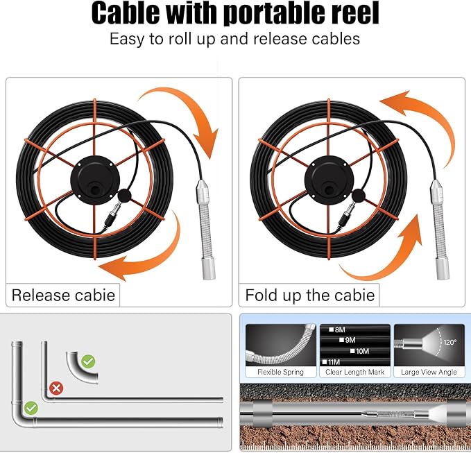 Sewer Camera 100FT/30M Borescopes Plumbing Snake Pipe Inspection Camera DVR & Audio Recorder 17MM with 5600Mah Battery 4.3" IPS Screen 12 LEDs HD 1000TVL 32GB Card
