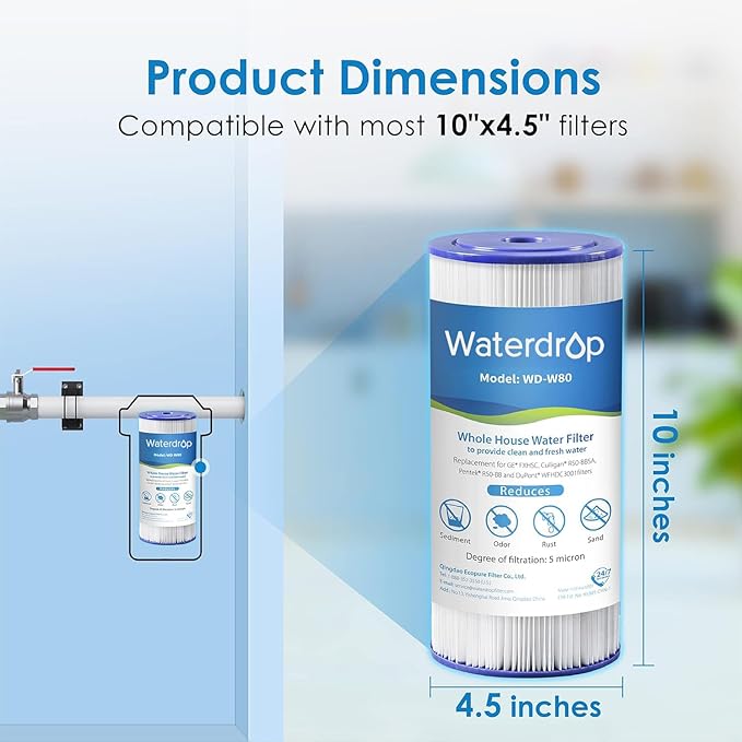 Waterdrop FXHSC Whole House Water Filter, Replacement for American Plumber, W10-PR, Culligan® R50-BBSA, GE ®FXHSC, GXWH40L, GXWH35F, 5 Micron, 10" x 4.5", High Flow Sediment Filters, Pack of 3