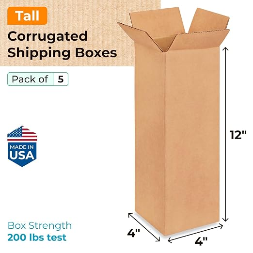 Tall Moving & Shipping Boxes 4 x 4 x 12 inches (5-Pack) - Extra Strength 200 lb vs Regular - USA-Made Corrugated Moving Boxes for USPS/UPS/FEDEX - Box for Packaging, Moving, Shipping by IDL Packaging