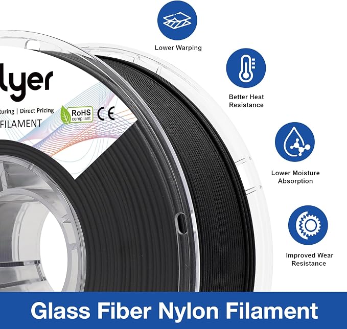 YXPOLYER Nylon Glass Filled Filament Black Nylon Glass Fiber 3D Printer Filament PA6-GF 1kg with Reusable PC Spool
