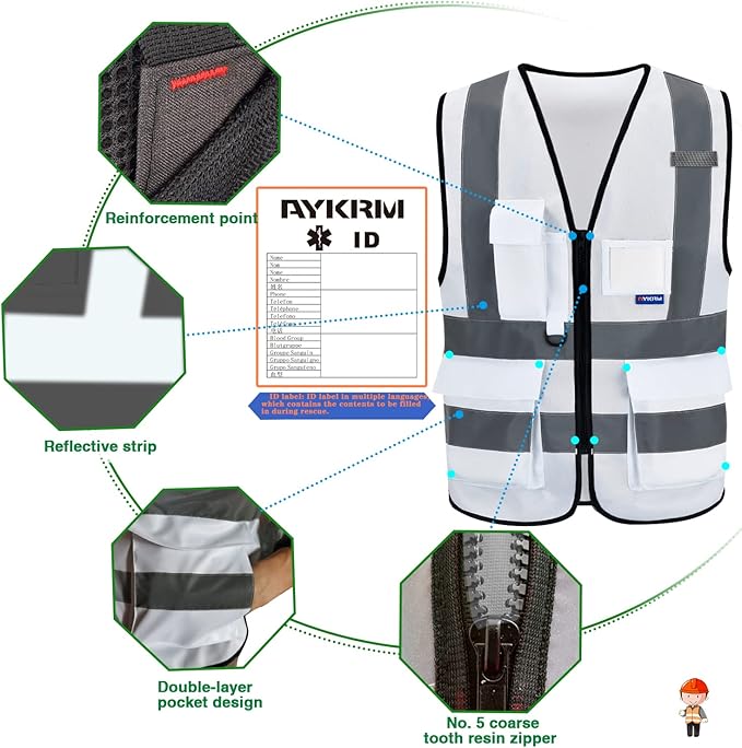 A-SAFETY Hi-Vis Reflective Vest with Reinforced Points, Zipper, White, 2XL | White 2XL Polyester work vest with 7 pockets, reinforced pockets and front zipper for authorized visitors; unisex workwear.