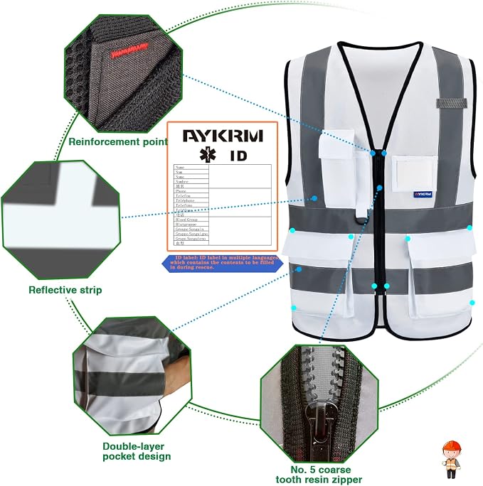 A-SAFETY Hi-Vis Safety Vest with Reinforced Points, Front Zipper, White, M | White M Polyester work vest with clear PVC ID holder, mic tabs and high-visibility reflective strips for site management.