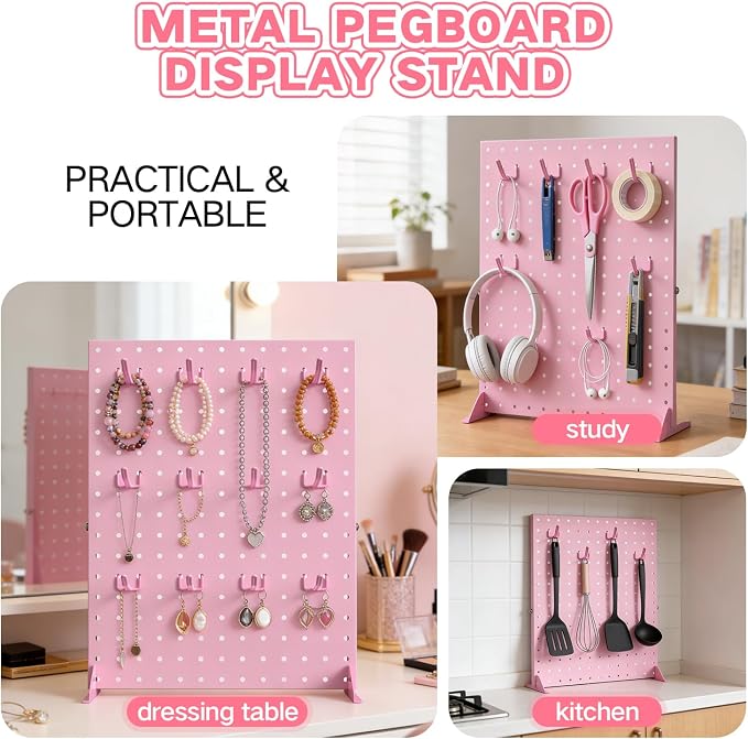 2 Pcs Pegboard Display Stand with 24 Hooks, Freestanding Tabletop Vendor Booth Display for Craft Shows & Retail, Jewelry Keychain Display Stand, Metal Display Rack for Ornaments- 16x12 Inch