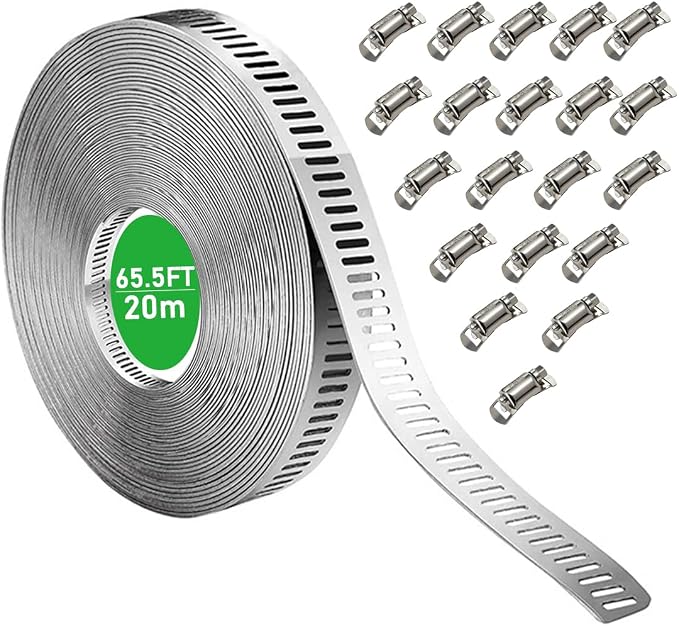 65.5FT/20m Stainless Steel Hose Clamps Assortment Kit with 20pcs Fasteners | Adjustable Long DIY Metal Band Clamp Band Fittings Strap for Pipe, Intercooler, Plumbing, Tube, Radiator and Fuel Line