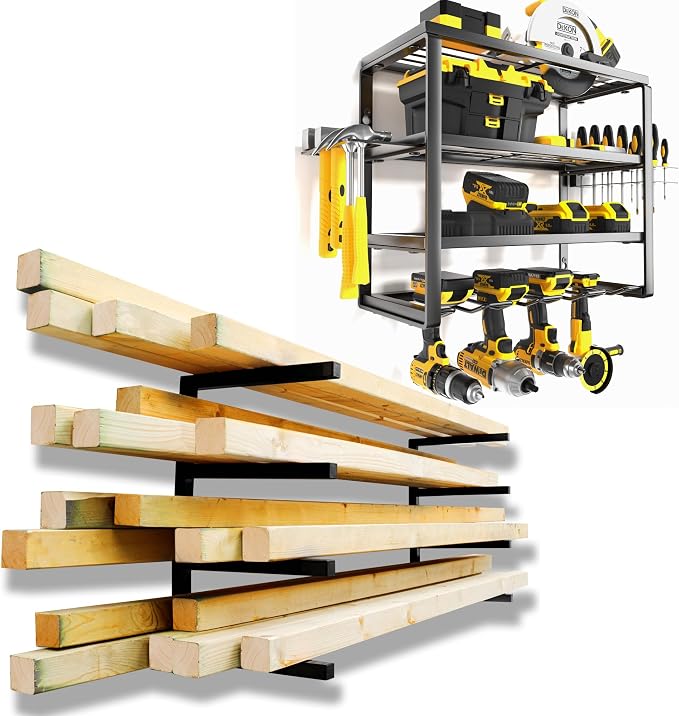 YYR 4 Layer Power Tool Organizer 16 Inch 4 Slots & Heavy Duty 4-Level Lumber Storage Rack Wall Mount