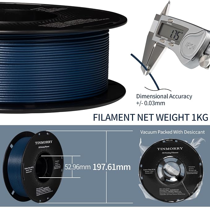 TINMORRY Carbon Fiber PETG Filament 1.75 mm, High Rigidity & Strength PETG CF 3D Printer Filament, Compatible with Most FDM 3D Printers, 1 KG 1 Spool, Blue