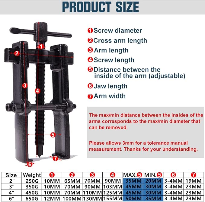 4 Bearing Puller 2'' 3'' 4'' 6'' with 2 Jaws Bearing Puller Tool Adjustable, Chrome Vanadium Steel Bearing Gear Puller Kit Hand Remover Tool Pump Pulley Remover for Wheel, Motorcycle, Bearings, Gears