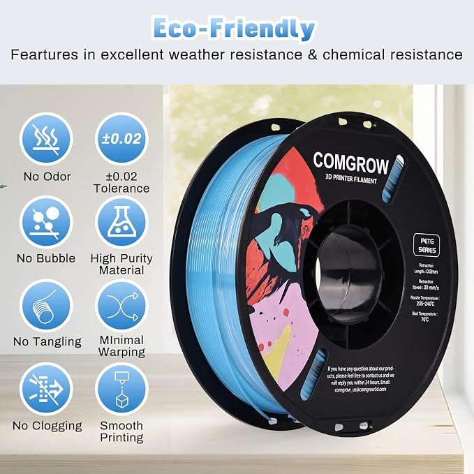 Comgrow PETG 3D Printer Filament 1.75mm, High Precision and Tough 3D Printer Filament 1kg (2.2LBS), Dimensional Accuracy +/- 0.02 mm, Fit Most 3D Printers Gradient Light Blue White