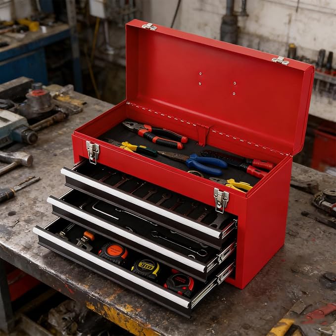 ERGOMASTER Portable Tool Box, Metal Tool Box with 3 Drawers, Lockable Heavy Duty Tool Chest Storage Toolbox for Garage, Workshop(Black+Red)