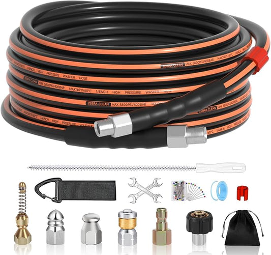 25FT Sewer Jetter Kit for Pressure Washer, 1/4" NPT Corner Drain Cleaner Hose 5800 PSI with Sewer Jetting Nozzles, Pearl Corsage Pin, Waterproof Tape, Extension Cord Organizer&2 Spanner