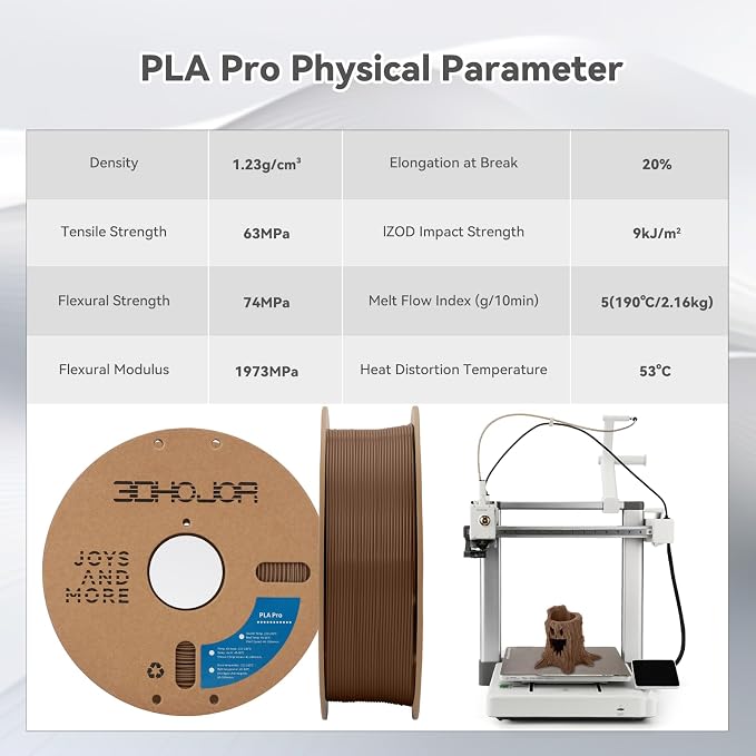 3DHoJor PLA Pro (PLA+) Filament 1.75mm, 3D Printer Filament, Cardboard Spool, +/- 0.03 mm-Brown, 1kg