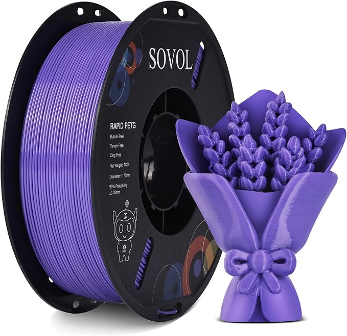 Sovol 3D Printer Rapid PETG Filament 1.75mm 1KG (2.2lbs), High Precision, Strong Toughness, Wiring Tightness, Dimensional Accuracy +/- 0.03 mm, 3D Printing High Speed PETG Filaments, Lavender Purple