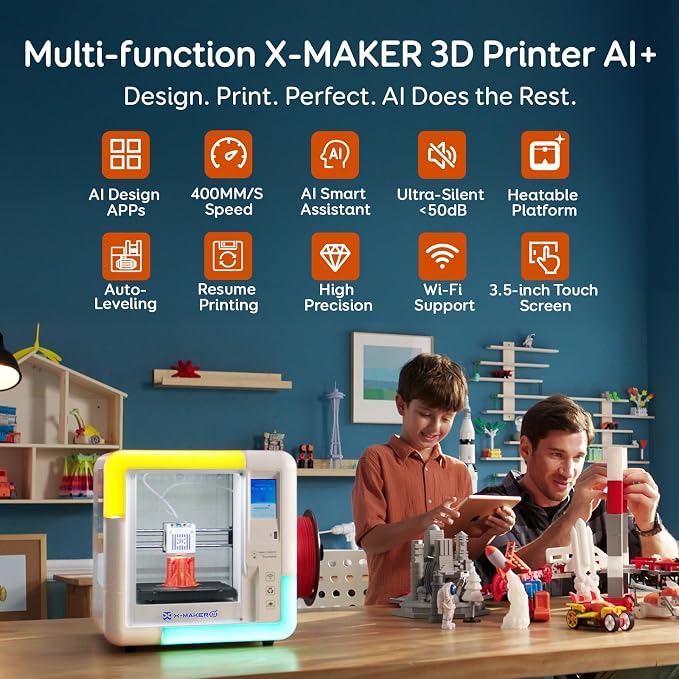 AOSEED 3D Printer for Kids & Beginners, AI-Powered Toy Maker with Leveling-Free Design, 400mm/s Speed, 17+ Design Modules, 1 PLA Filaments, Enclosed Mini 3D Printer for Home & School, X-Maker AI+