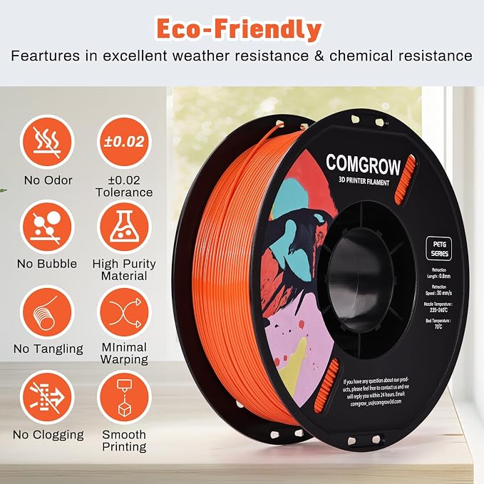 Comgrow PETG 3D Printer Filament 1.75mm, High Precision and Tough 3D Printer Filament 1kg (2.2LBS), Dimensional Accuracy +/- 0.02 mm, Fit Most 3D Printers Orange