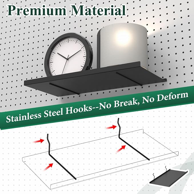 17X8 Inch Large Pegboard Shelves Set of 2, Metal Peg Board Shelves Accessories, Flat Display Shelves for Pegboard, Metal Retail Display for Storage and Organization, Black
