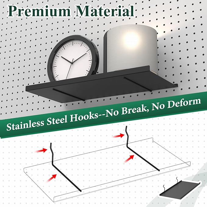 17X8 Inch Large Pegboard Shelves Set of 4, Metal Peg Board Shelves Accessories, Flat Display Shelves for Pegboard, Metal Retail Display for Storage and Organization, Black