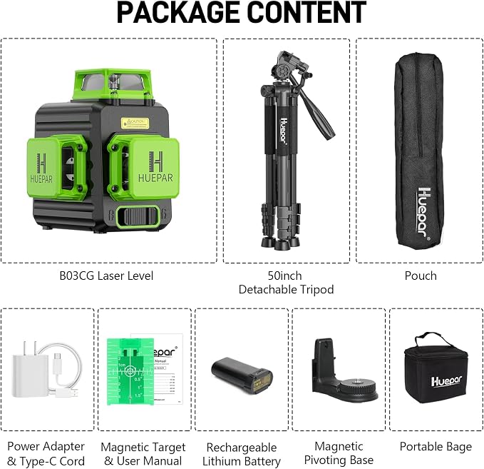 Laser Level 360 Self Leveling with 50" Tripod, Huepar 3x360° High Brightness Green Laser Leveler Tool for Construction, Tile and Picture Hanging, 5200 mAh Li-ion Battery & 2 Portable Bag Included