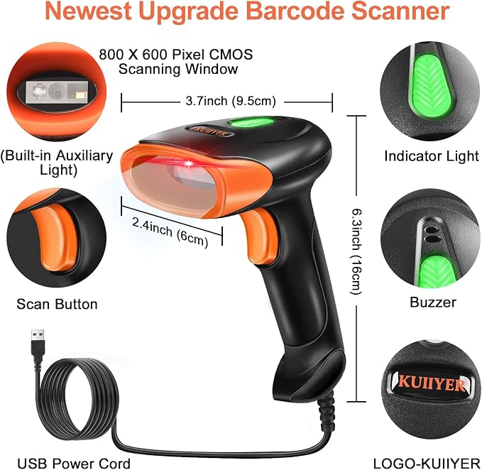 KUIIYER USB Barcode Scanner, 2D QR 1D Bar Code Scanners Wired Handheld Barcode Reader with Updated 800 X 600 Pixel CMOS & Built-in Light, Plug & Play for Computers, PC, Laptop, Desktop & POS