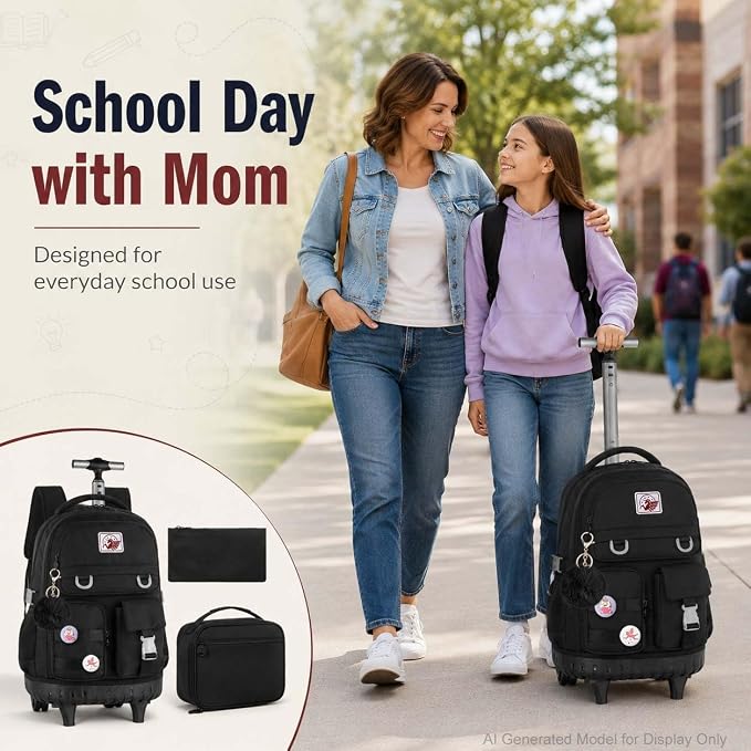 CCJPX Rolling Backpack for Girls Women, 21 inch Roller Wheels School Bookbag, Wheeled Suitcase Backpacks with Lunch Bag for Teen - Black