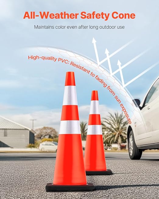 VEVOR Safety Cones, 6 Pack 36" Traffic Cones, PVC Orange Construction Cones with Reflective Collars and Black Weighted Base, for Traffic Control, Driveway Road Parking and School Improvement