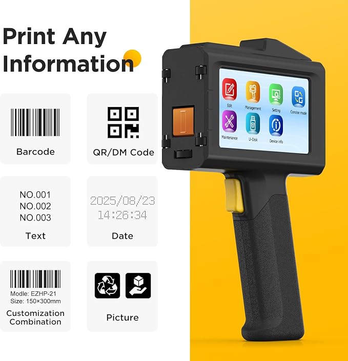 Handheld Inkjet Printer 0.5 Inches Print Height Weighs Only 390g for Batch Code Date Lot Number Print on Plastic Carton Wood Metal Glass Aluminum with 42ml Fast Dry Ink (Black)