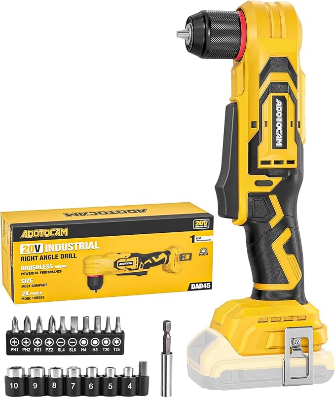 Brushless Right Angle Drill for DeWalt 20V Battery (Tool Only), 3/8" Cordless Angle Drill with Compact Design & Variable Speed, featuring an LED Light for Screws/Drilling