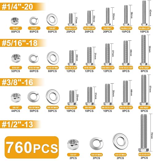 weideer 760PCS Hex Bolts and Nuts Assortment Kit, 1/4-20,5/16-18,3/8-16,1/2-13 18-8(304) Stainless Steel Bolt,Assorted Bolts Nuts Flat and Lock Washers Kit,Lenth 1/2'' to 2-1/2'' K-F142