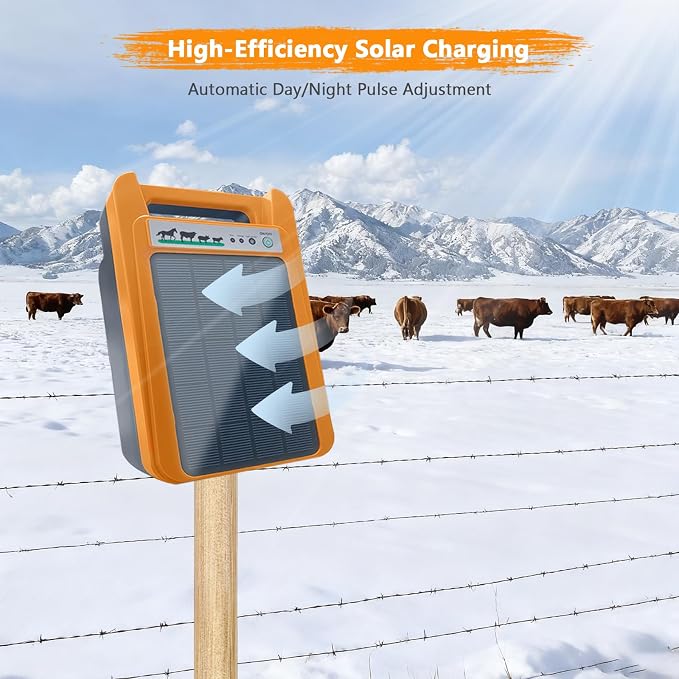 Solar Electric Fence Charger, 0.2J 8kV Solar Powered Fence Charger with Day/Night Mode, 24-Hour Uninterrupted Protection for Livestock, Poultry & Garden