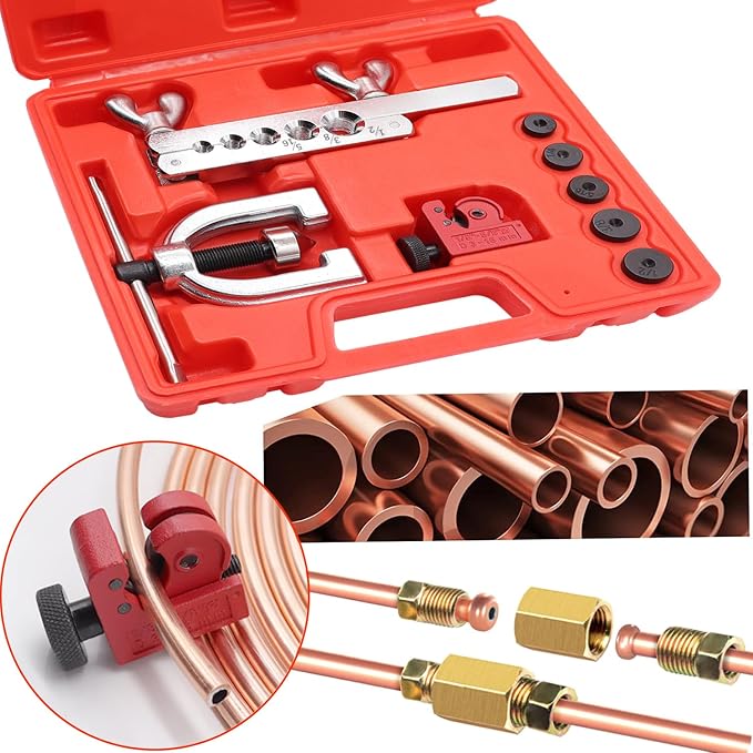 Tnisesm Brake Line Kits with Brake Line Double & Single Flaring Tool Kit + Blue Tube Bender- 25 Ft. 3/16 and 1/4 Copper Coated Brake Lines Kit (with 32 Fittings and 8 Unions)