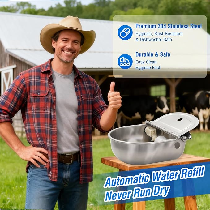 2 Pack 304 Stainless Steel Automatic Livestock Waterer with Float Valve & Drainage Hole– Animal Watering Bowl for Dog, Horse, Goat, Pig, Chicken, Easy-Clean Water Bowl for Outdoor Farm Use