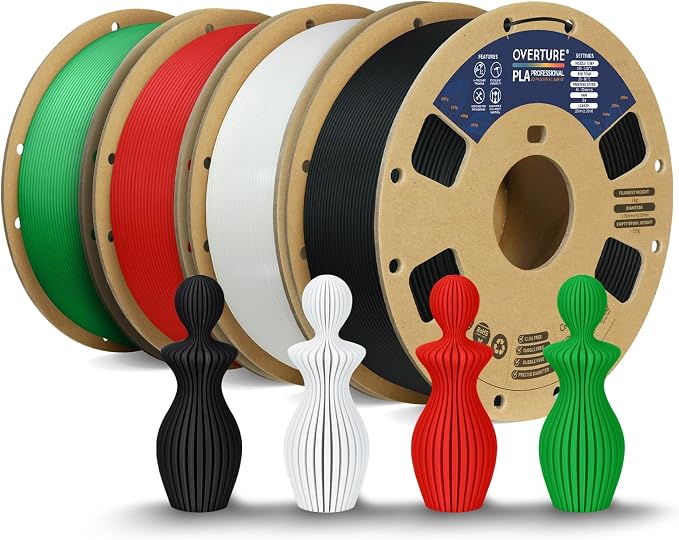 OVERTURE 4KG Bundle PLA Plus (PLA+) Filament 1.75mm, Stronger & More Durable, Professional Toughness 3D Printer Filament 1kg (2.2lbs) 4 Pack (Black+White+Red+Green)