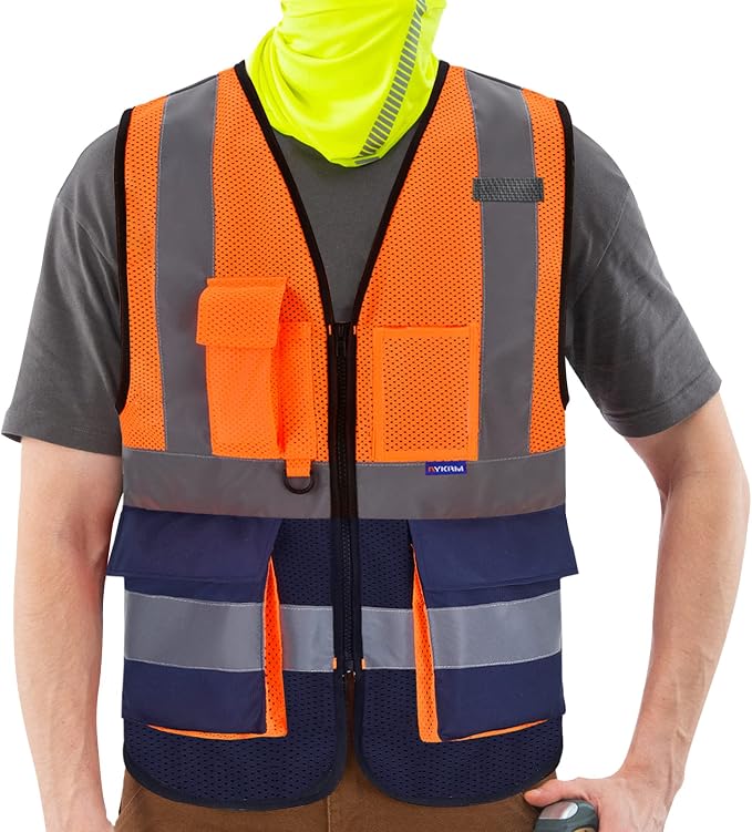A-SAFETY Hi-Vis Mesh Vest, Breathable, Black Front Zipper, Orange/Navy, XL | Orange/Navy XL mesh safety vest with clear PVC ID holder, mic tabs and high-visibility reflective strips for road work.