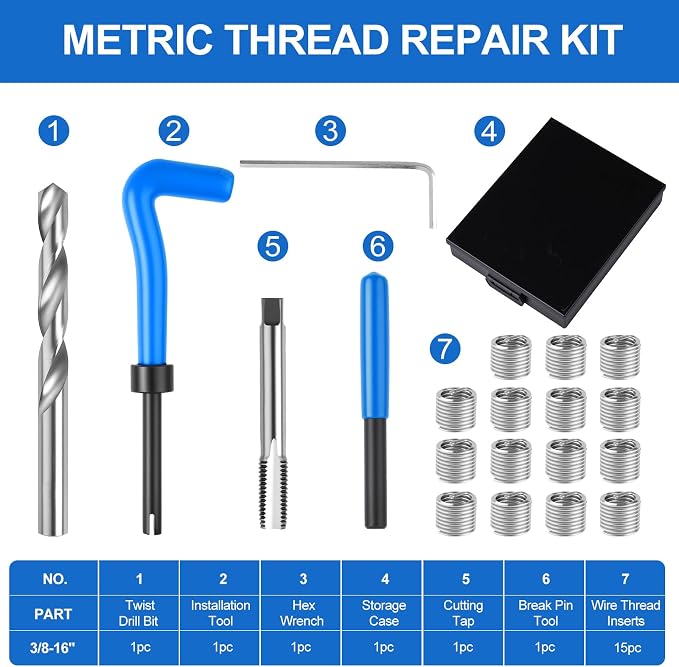 20PC SAE Helicoil Thread Repair Insert Kit, 3/8-16 inch Rethread | helicoil Thread Repair kit with HSS Drill Bits, Rethreading Inserts Tool Set for Damaged Thread Repairing with Carry Case