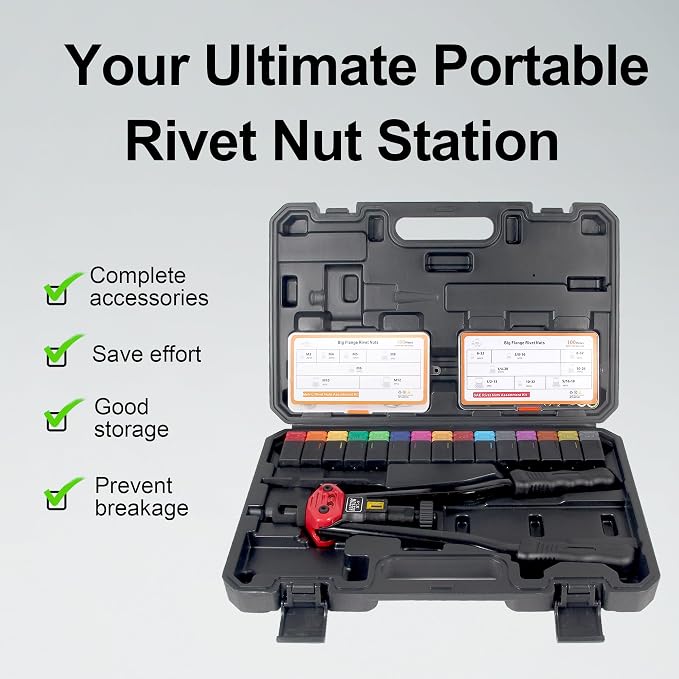 BEETOW Professional Rivet Nut Tool Kit – 16'' Rivnut Gun with 15 SAE & Metric Mandrels (M3–M12, #6, #8, #10, 1/4", 5/16", 3/8", 1/2'') & 200 Nutserts, Stroke Widgets, for Automotive & Metal Repair
