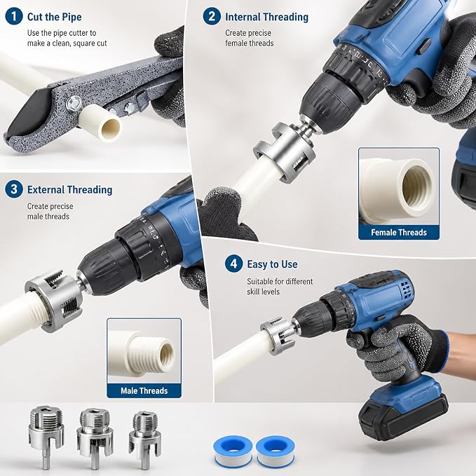 Pipe Tapping and Threading Tool Set,2026 New Premium Carbon Steel Dual-Function Internal & External Pipe Threader Tool 1",3/4", 1/2" Sizes Suitable for All Electric Drills,Plumbing Installation