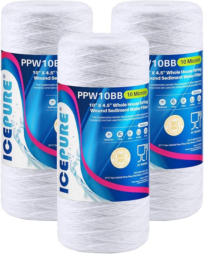 ICEPURE 10 Micron 10”*4.5'' Whole House Sediment String Wound Water Filter Replacement filter for 84637, WPX5BB97P, PC10, 355214-45, 355215-45, WP10BB97P, WP5BB97P, 3 PACK