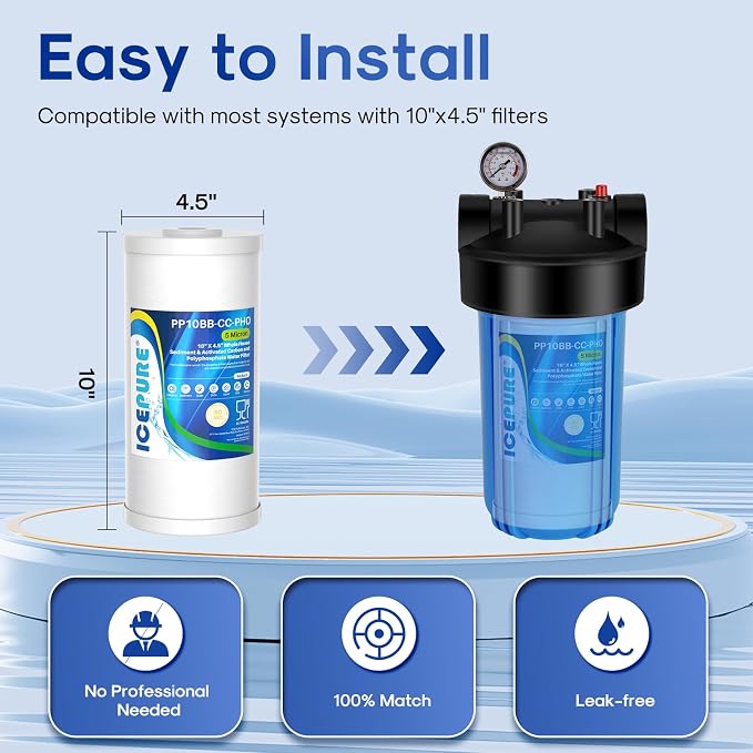 ICEPURE 5 Micron 10" x 4.5" Whole House Sediment Activated Carbon and Anti Scale Water Filter Compatible with GE FXHTC, GXWH40L, Whirlpool WHKF-GD25BB GXWH35F Dupont WFHD13001 RFC-BBSA W50PEHD, 1PACK