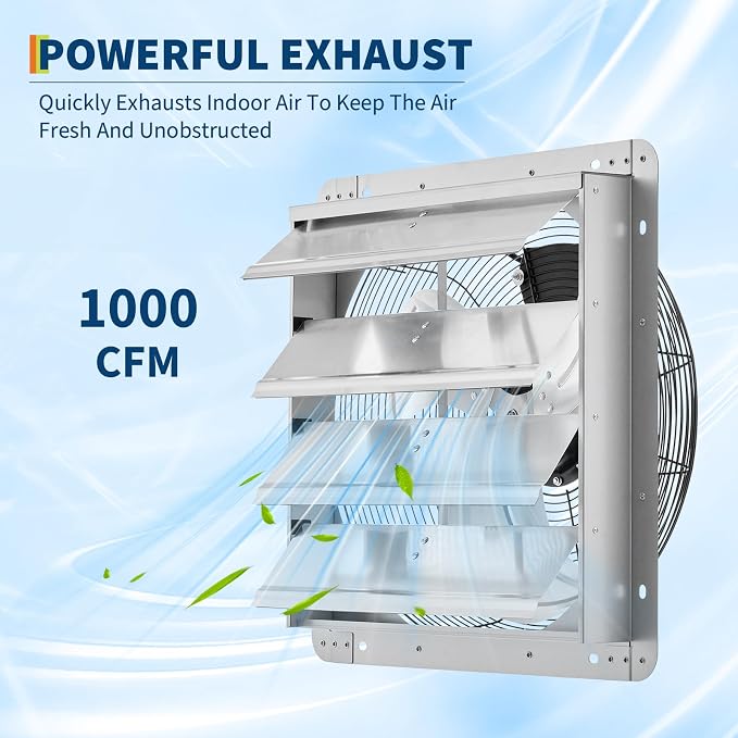 CuisinSmart 12 Inch Automatic Shutter Exhaust Fan Wall Mount, 1000 CFM High Speed Ventilation Fan with Quiet 1500 RPM Motor for Attic, Garage, Greenhouse & Shed