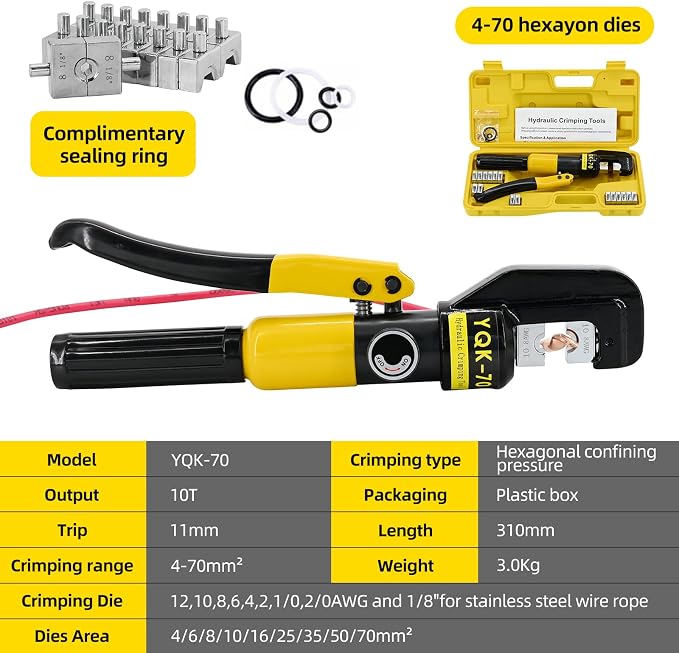 10 Ton Hydraulic Crimping Tool Kit with 9 Dies for Battery Cable (12 AWG to 2/0) - Hydraulic Cable Crimper for Electrical Terminals & Wire Connectors