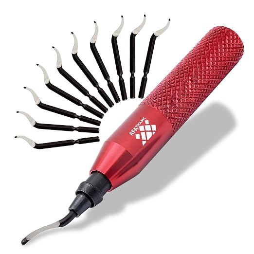 AFA Tooling - Deburring Tool with 11 HSS M2 Blades - Micro-Polished & Anodized Aluminum Handle with Diamond Knurled Grip - Ideal for Smaller Holes up to 1.5mm, 3D Printing, PVC & Metal