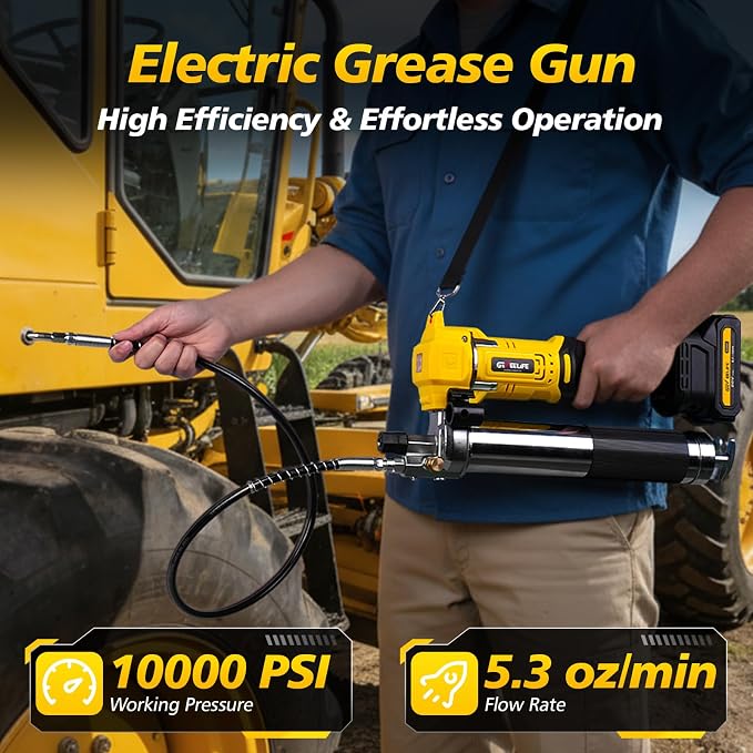 GEVEELIFE Electric Grease Gun - Equipped with 2×2000mAh Batteries, Fast Charger & 90° Swivel Coupler, 12,000 PSI - Works with Bulk & Cartridge Grease for Farm, Truck, Construction