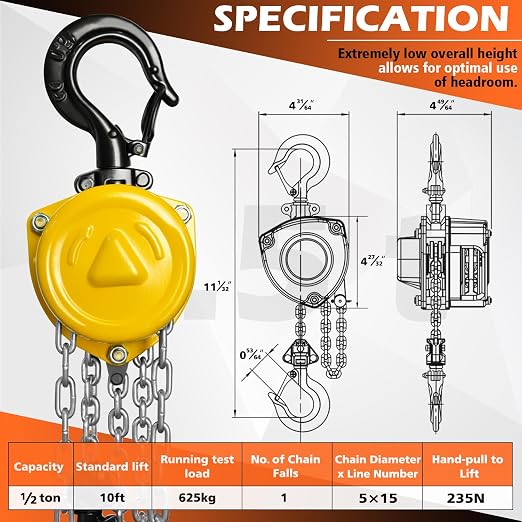 YATOINTO Chain Hoist 1/2 Ton (1100 lbs) Capacity, Small & Mini Chain Hoist with 10 FT Lift, 11'' Low Headroom, Industrial-Grade Steel Chain Fall for Garage & Automotive Use