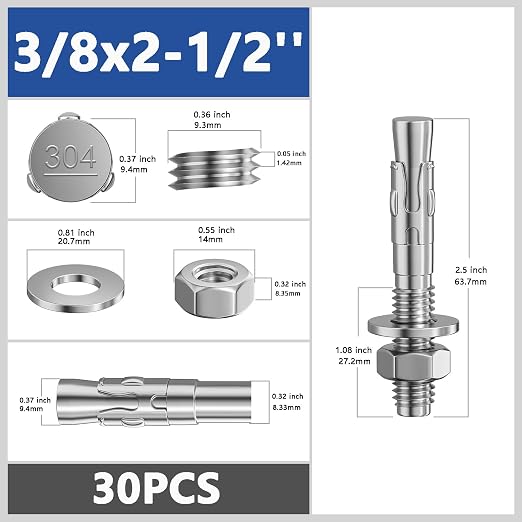 Wensilon 30Pcs 3/8x2-1/2 Inch Standard Fasteners for Heavy-Duty 304 Stainless Steel Wedge Anchors for Cement and Concrete
