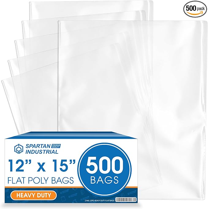 12" X 15" Open-End Flat Poly Bags (500 Count) - 2 Mil Plastic Clear Bags for Packaging, Shipping, Storage - No Adhesive Strip - Spartan Industrial
