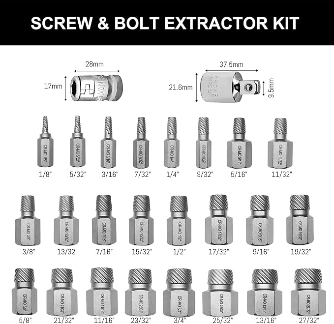 26PCS CR-MO Screw Extractor Set,Hex-Head Multi-Spline Screw Easy-out Screw Extraction Set 3/8" Inch Drive Hex-Head, Broken Bolt Remover, Stripped Fastener Tool for Stripped, Rounded, Damaged