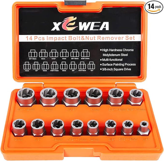 XEWEA Professional 14PCS Bolt Extractor Set, 3/8" Drive Impact Stripped Bolt Remover Socket Set for Removing Damaged Broken Rounded Off Bolt & Nut, Impact Grade Cr-Mo Steel with Case Father's Day Gift