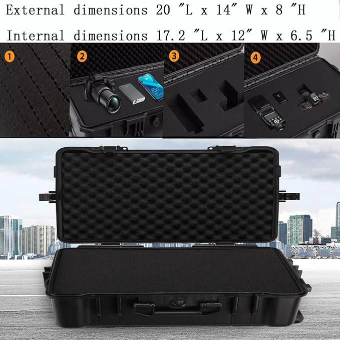20" L x 13" W x 8" H Large Hard Case with Foam, Portable Rolling Hard Case with Wheels, Waterproof Shockproof Dustproof, Suitable for Cameras, Lenses, Camcorder, Instrument, Telescopes