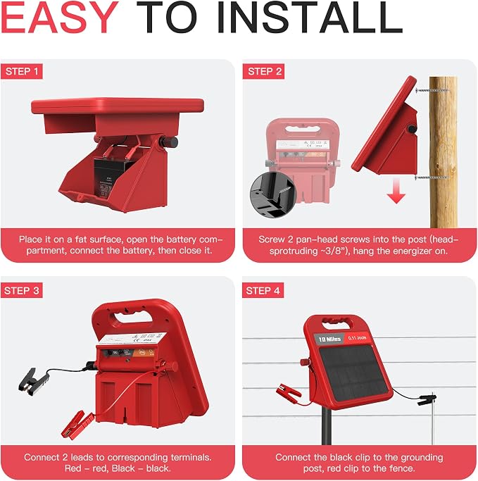 10 Mile Solar Fence Charger 0.11J Electric Fence Energizer with Day Night Mode 24-Hour Protection Red
