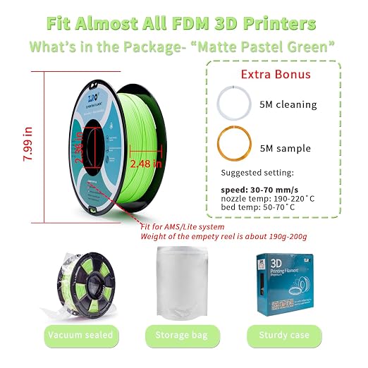 ZIRO Matte PLA Filament, 1.75mm 3D Printer Filament Shine-Free Finish, Pastel Colors PLA Series, 1kg/2.2lbs Spool, Dimensional Accuracy +/- 0.03mm, Fit Most FDM 3D Printers, Pastel Green(Matte)