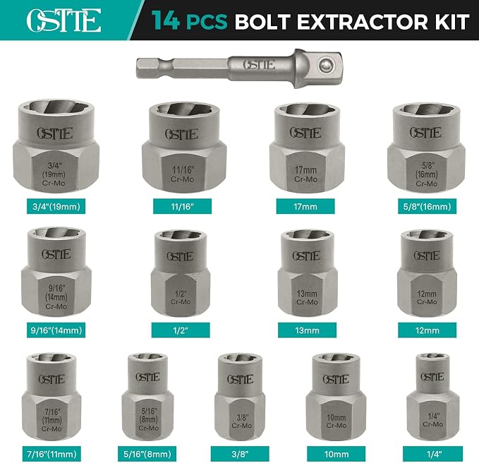 14-Piece Impact Bolt Extractor Set, 3/8" Drive 42CR-MO Steel Nut Remover Kit for Stripped, Frozen, Rusted, Rounded Bolts & Lug Nuts (Sizes 8-19mm), Automotive & Machinery Repair